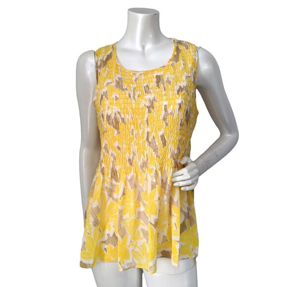 Rose & Olive Sleeveless Blouse Shirred Chest Scoop Neck Yellow Floral White Tan - Picture 1 of 7